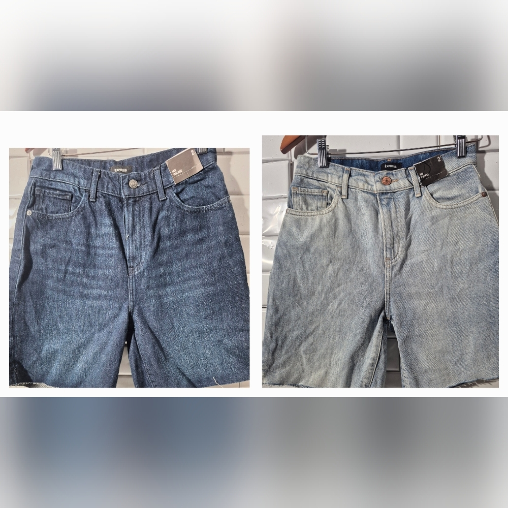 Nwt Express Ladies Lot Of 2 Midi High Rise Denim Cut Off Shorts Dark Wash And Li